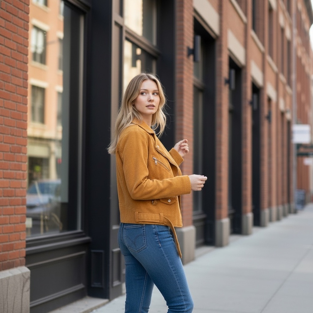 Forever 21 Corduroy Moto Jacket Yellow Asymmetrical Zipper and Buckle Size S GUC